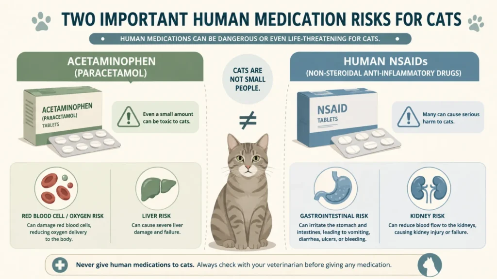 Comparison infographic showing acetaminophen or paracetamol risks to red blood cells, oxygen delivery and the liver in cats, versus gastrointestinal and kidney risks from human NSAIDs.