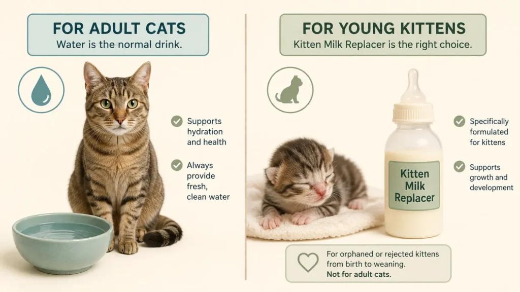 Split illustration showing a healthy adult cat beside fresh water and an orphaned neonatal kitten beside a bottle labeled kitten milk replacer, emphasizing the different needs of adult cats and unweaned kittens.