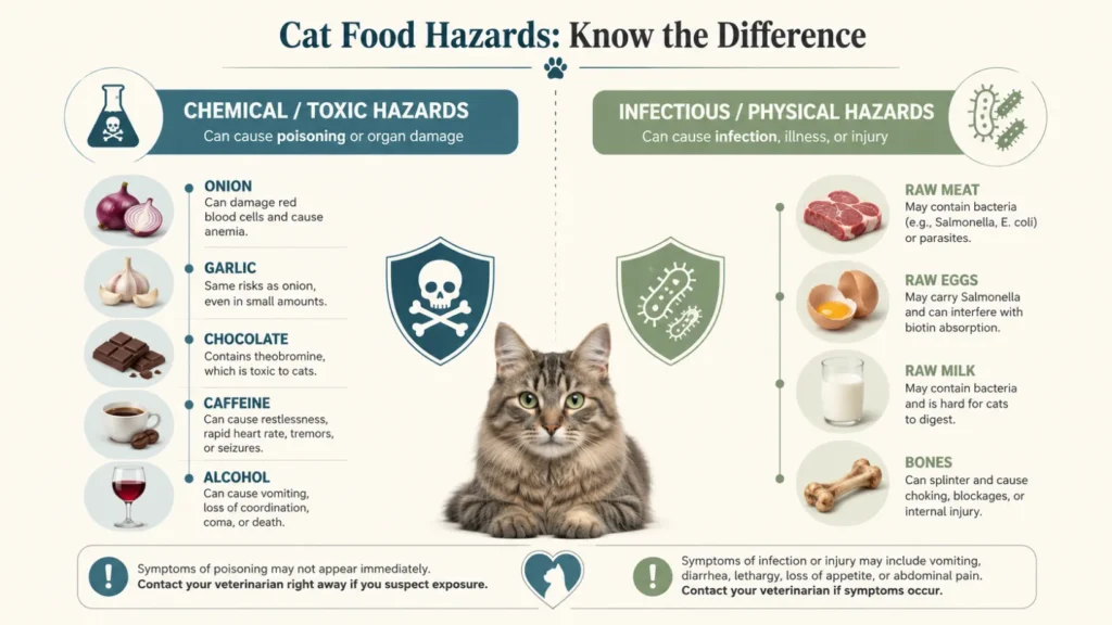 Comparison infographic separating chemical and toxic food hazards such as onion, garlic, chocolate, caffeine and alcohol from infectious or physical hazards such as raw meat, raw eggs, raw milk and bones.
