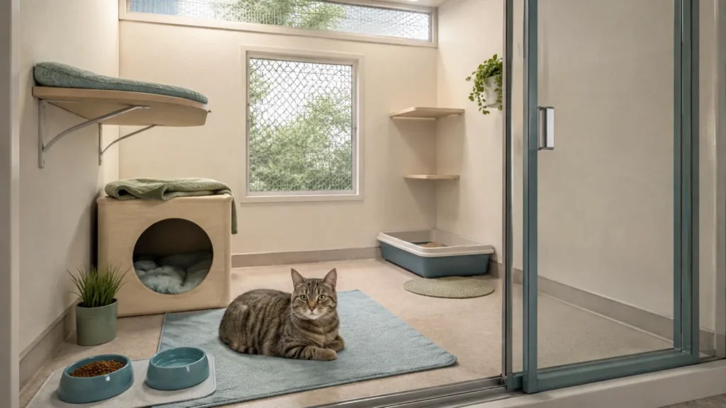 Cat boarding suite with hiding area, perch, food, water and separate litter box