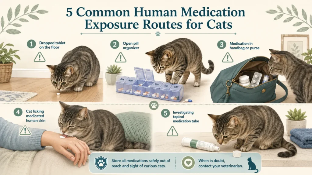 Educational infographic showing five ways cats may be exposed to human medications: a dropped tablet, open pill organizer, medication in a handbag, licking medicated human skin and investigating a topical medication tube.