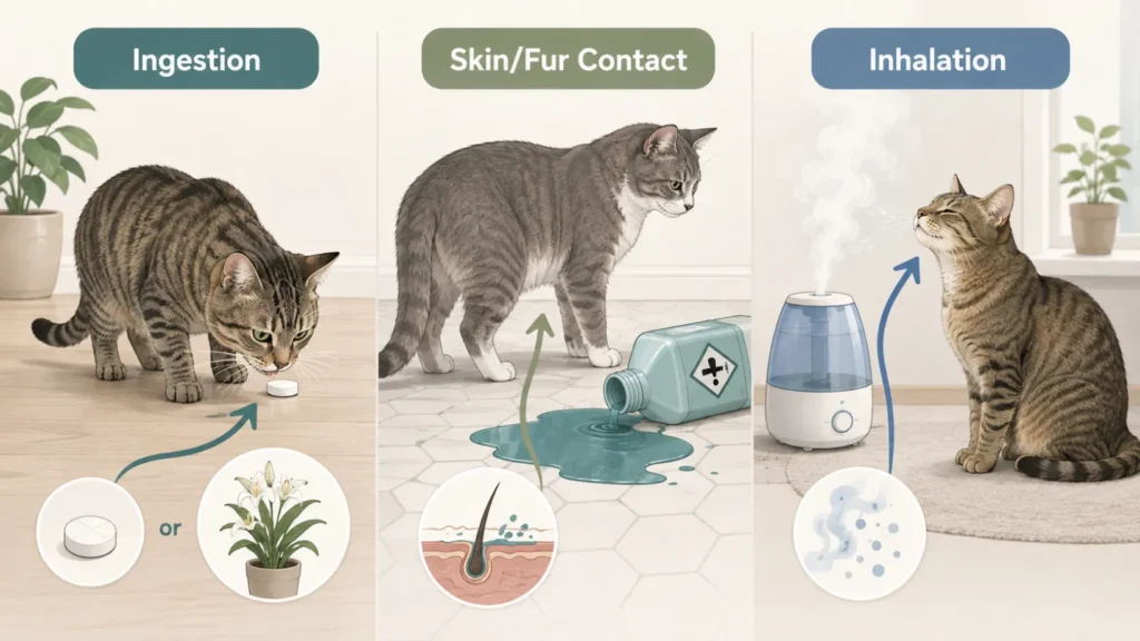 Educational diagram showing three routes of toxin exposure in cats: ingestion from a dropped tablet or plant, skin or fur contact with a spilled chemical, and inhalation from airborne vapour.