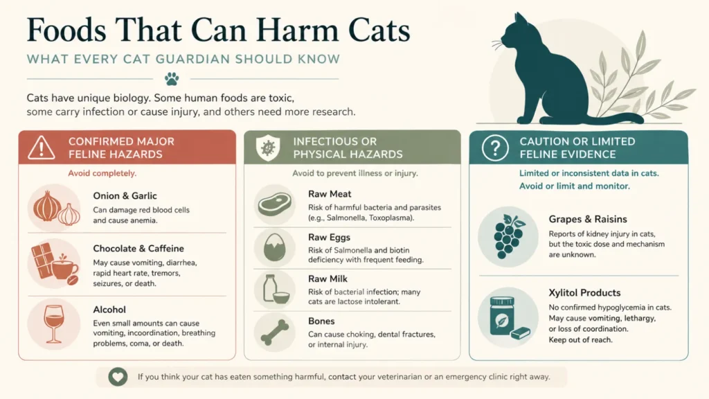 Cat food-safety infographic grouping harmful foods into confirmed toxic hazards, infectious or physical hazards, and foods with limited feline evidence, including onion, garlic, chocolate, alcohol, raw meat, raw eggs, bones, grapes and xylitol products.