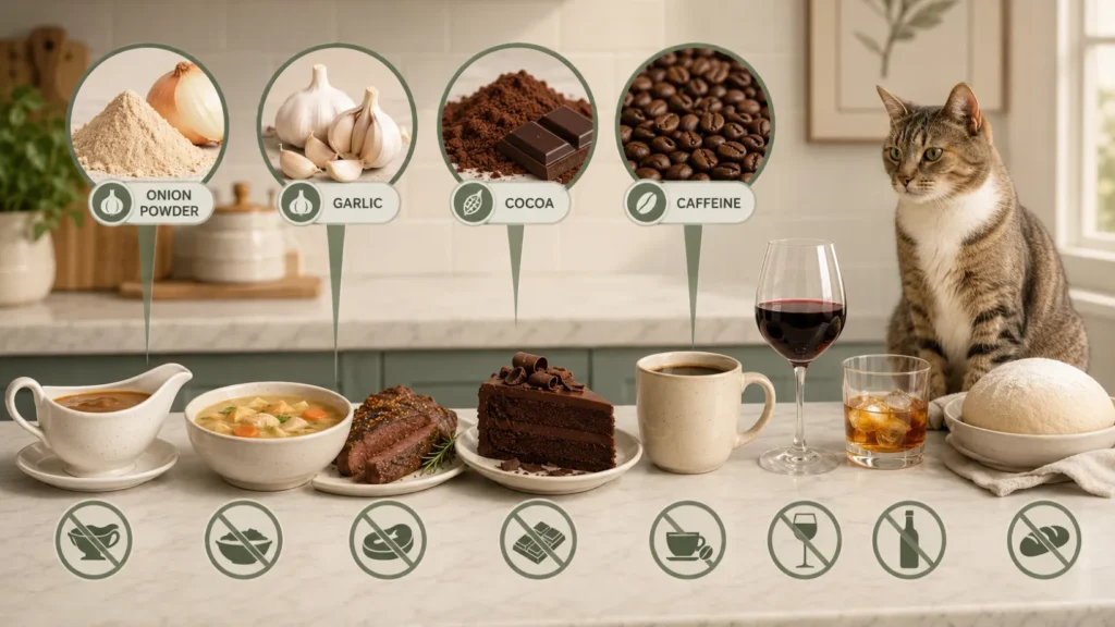 Kitchen illustration showing potential cat food hazards such as gravy, soup, seasoned meat, chocolate dessert, coffee, alcohol and raw dough, with ingredient highlights for onion powder, garlic, cocoa and caffeine.