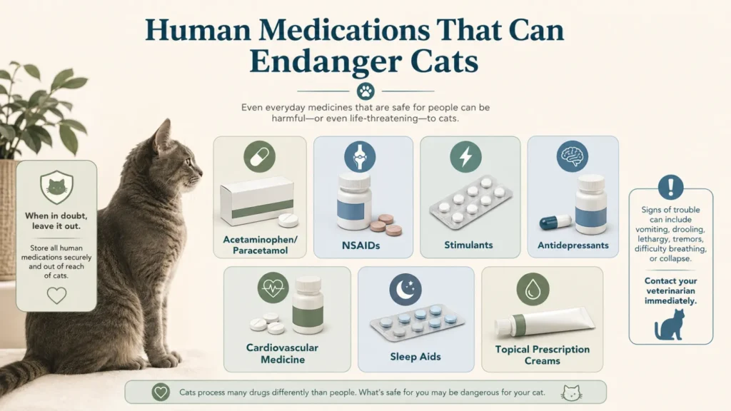 Veterinary safety infographic showing categories of human medications that can endanger cats, including acetaminophen or paracetamol, NSAIDs, stimulants, antidepressants, cardiovascular medicines, sleep aids and topical prescription creams.