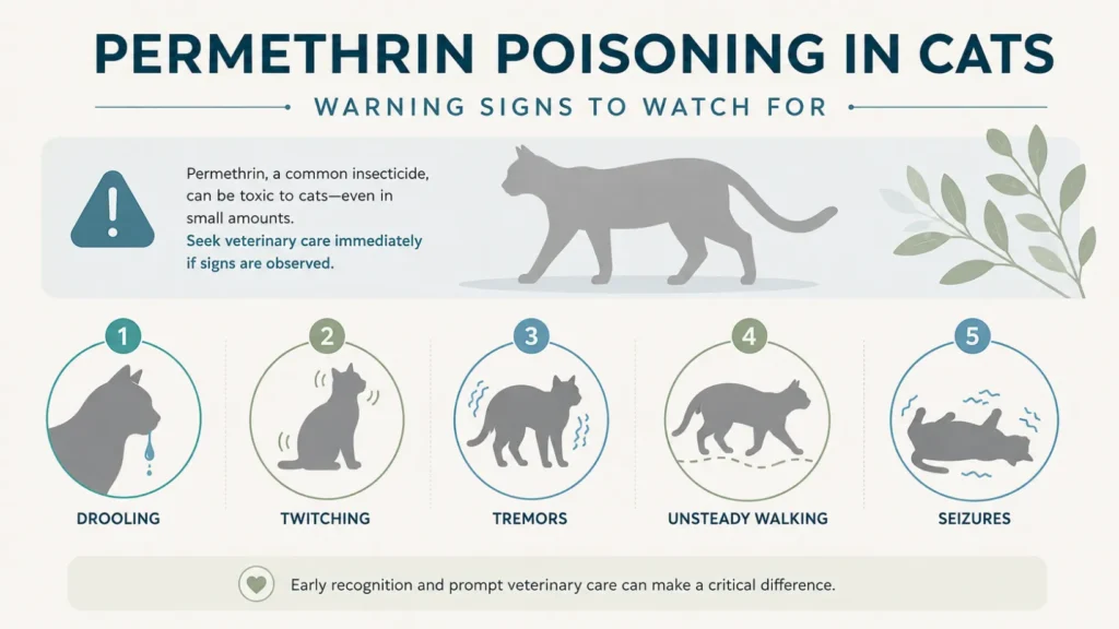 Infographic showing warning signs of permethrin poisoning in cats, including drooling, twitching, tremors, unsteady walking and seizures.