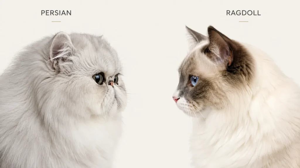 Close-up profile comparison showing the Persian cat’s rounded face and shortened nose beside the Ragdoll’s more moderate facial structure and medium-length nose.