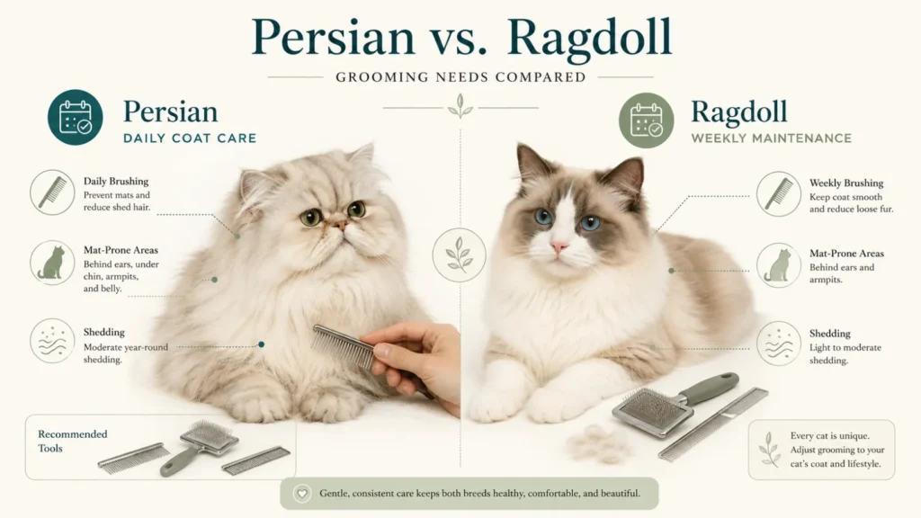 Grooming infographic comparing daily Persian coat care with regular Ragdoll grooming, including brushing tools, mat-prone areas and shedding considerations.
