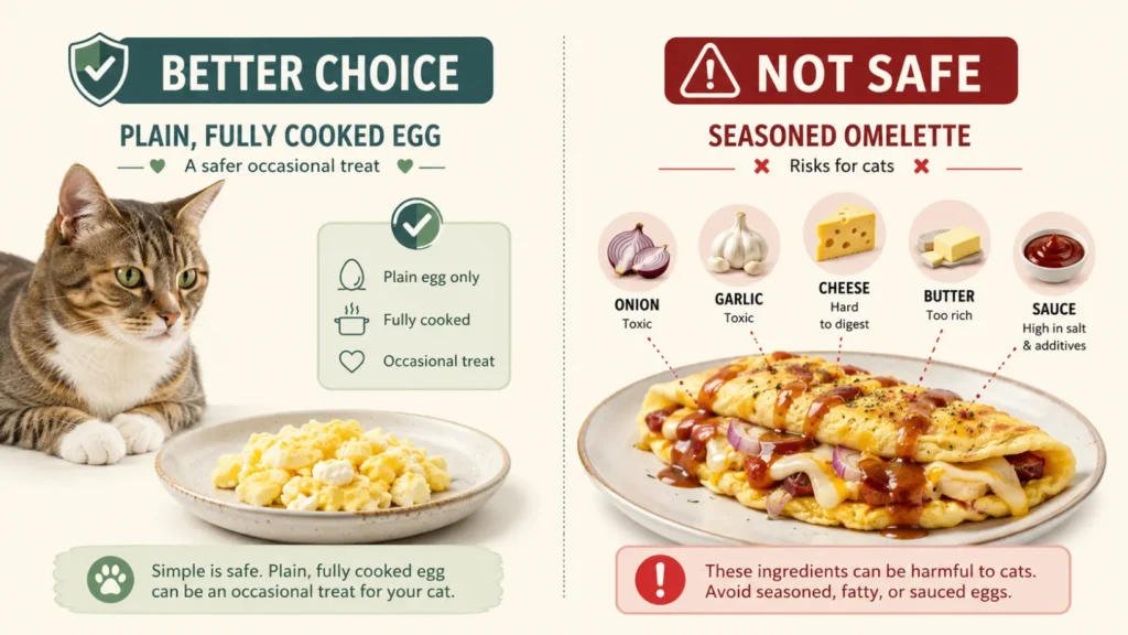 Split infographic showing plain fully cooked egg as a safer occasional cat treat versus a seasoned omelette containing onion, garlic, cheese, butter and sauce with warning symbols.