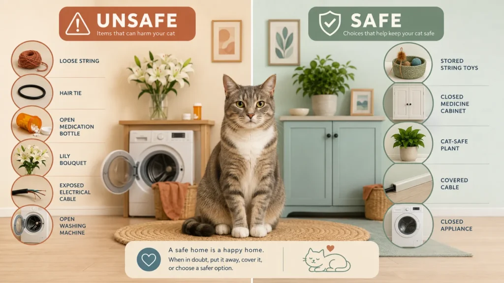Cat safety infographic comparing unsafe household hazards with safer alternatives, including medicines, lilies, cords, string toys and appliances.