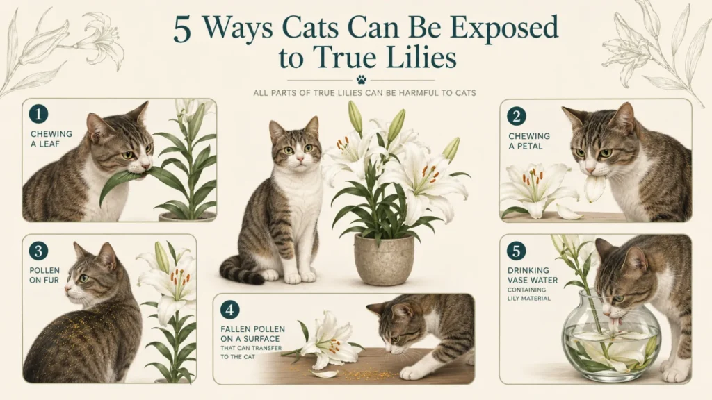 Infographic showing five ways cats can be exposed to true lilies: chewing a leaf, chewing a petal, getting pollen on fur, contacting fallen pollen on a surface, and drinking lily vase water.