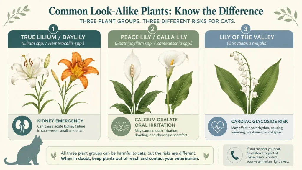 Comparison infographic showing true lilies and daylilies as a kidney emergency risk for cats, peace lilies and calla lilies as calcium-oxalate oral irritants, and lily of the valley as a cardiac glycoside risk.