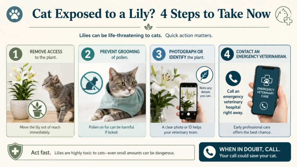 Four-step veterinary emergency infographic showing what to do after possible lily exposure in a cat: remove access to the plant, prevent grooming of pollen, photograph or identify the plant, and contact an emergency veterinarian.
