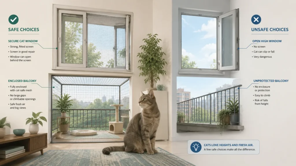 Cat window and balcony safety comparison showing a secure screened window and enclosed balcony versus unsafe open access.
