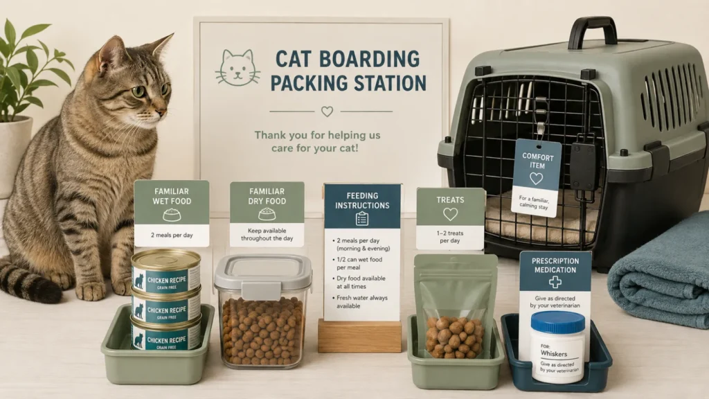 Cat boarding supplies with familiar food, written feeding instructions and labelled medication
