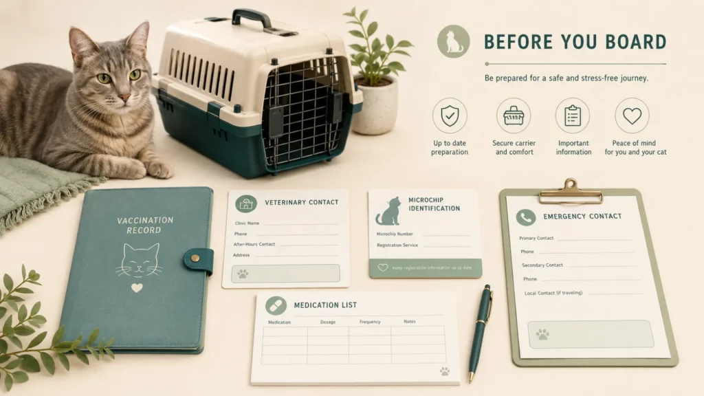 Cat boarding preparation with health records, microchip details and emergency contacts