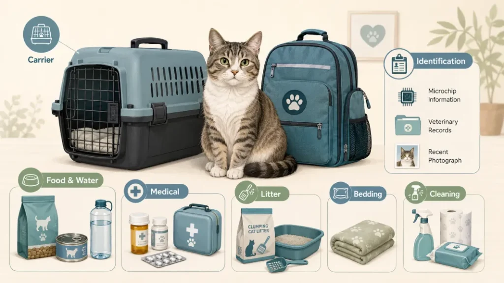 Cat emergency kit with carrier, food, water, medication, records and litter supplies