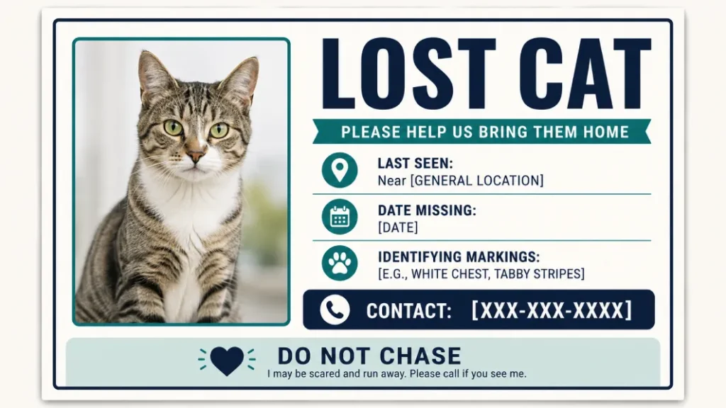 Example lost cat poster with photo, last-seen details and contact information
