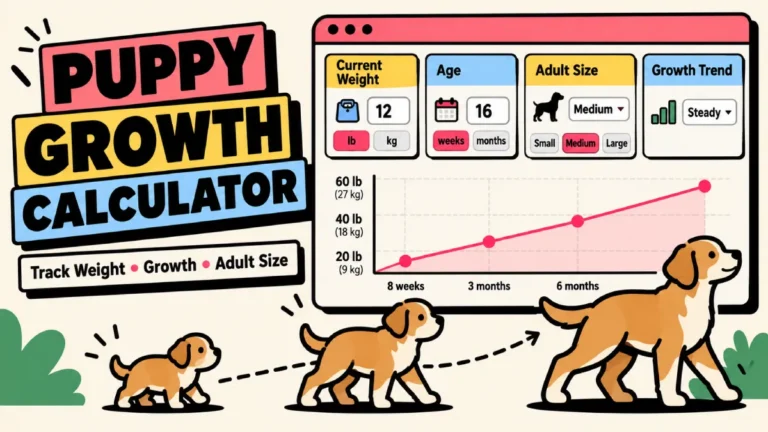 Puppy growth calculator showing weight tracking, age, adult size, and growth trend