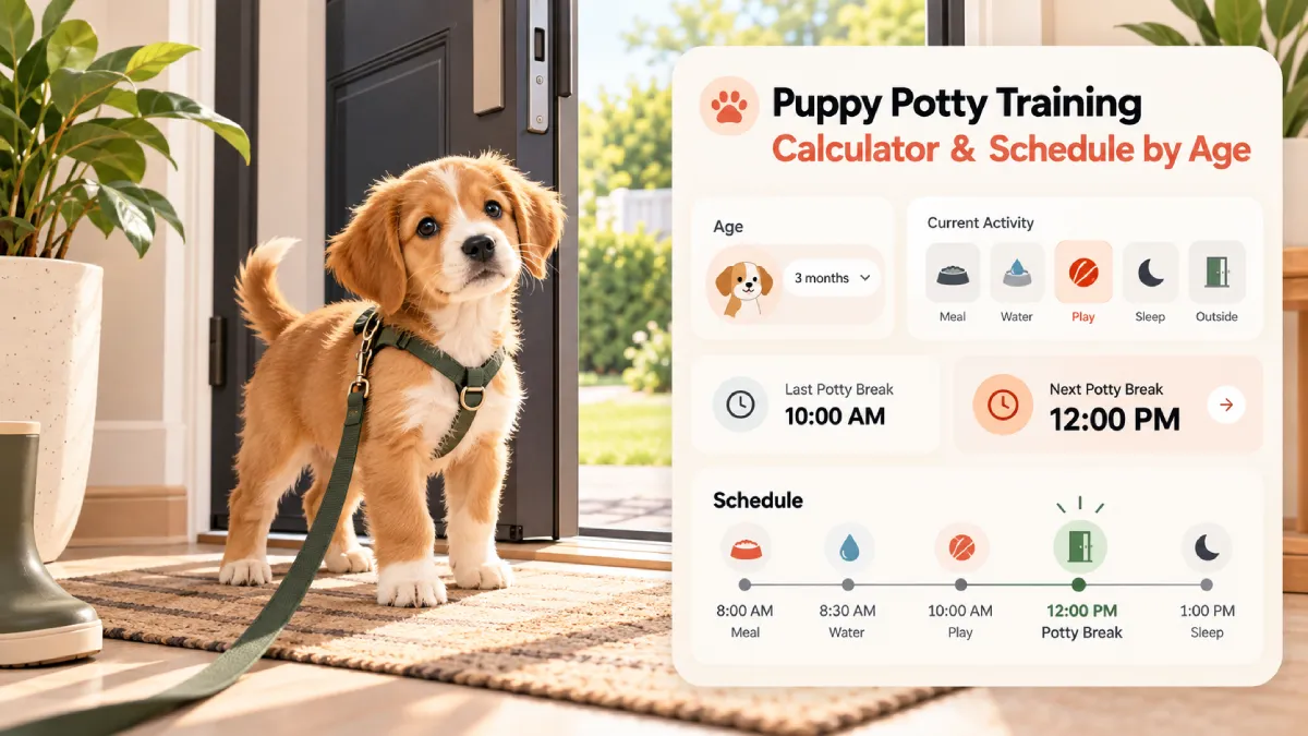 Puppy potty training calculator showing next potty break and daily schedule by age